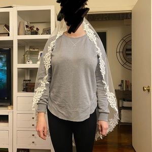 Walking length veil with lace trim all around